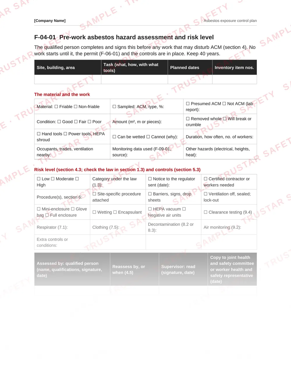 Pre-work asbestos hazard assessment form from the Asbestos exposure control plan template