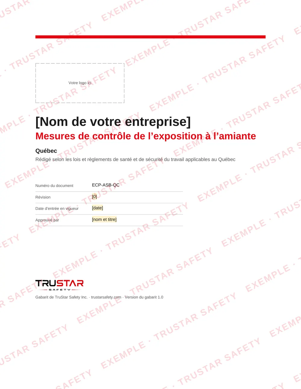 Cover of the French edition of the asbestos exposure control plan template (Mesures de contrôle de l’exposition à l’amiante), with a logo box and the company name field