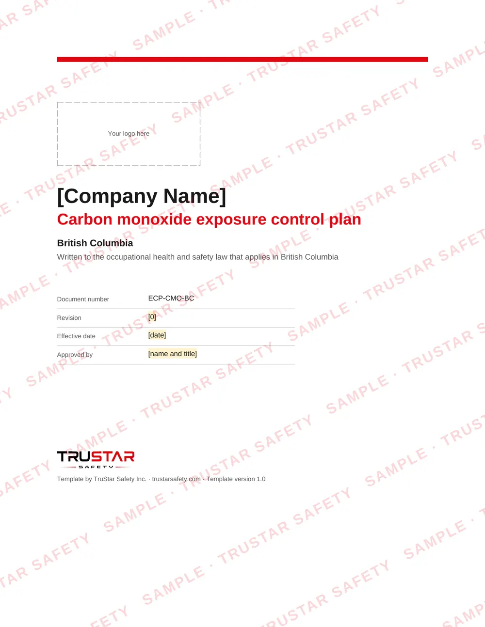 Cover of the Carbon monoxide exposure control plan template for use in British Columbia, with a logo box and the company name field