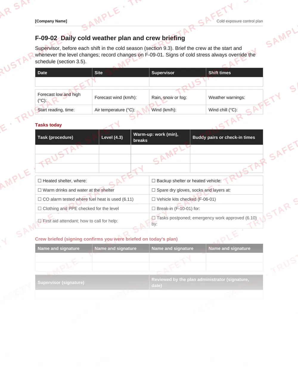Daily cold weather plan and crew briefing form with the forecast, wind chill, cold level, warm-up schedule, shelter and buddy pairs, from the Cold exposure control plan template