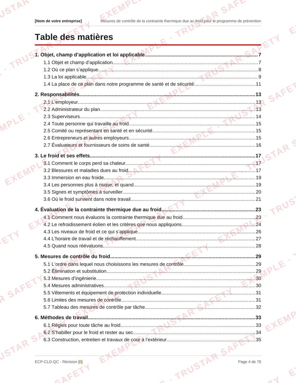 Table of contents of the French edition of the cold stress exposure control plan template, from the law through wind chill and cold levels, warm-up shelters, clothing and cold injury first aid