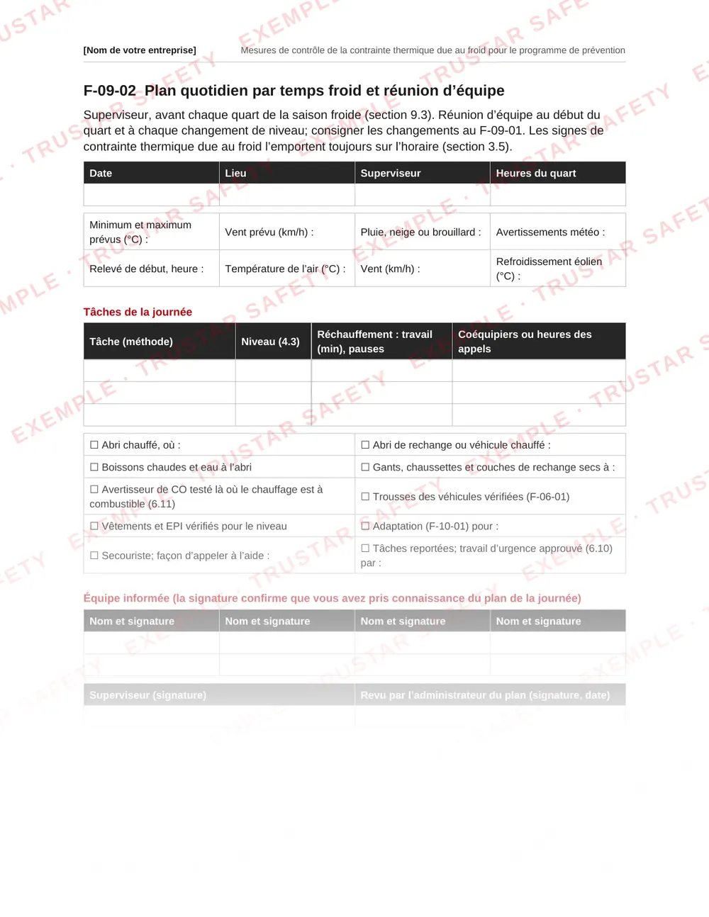 French daily cold weather plan and crew briefing form with the forecast, wind chill, cold level, warm-up schedule, shelter and buddy pairs, from the cold stress plan template