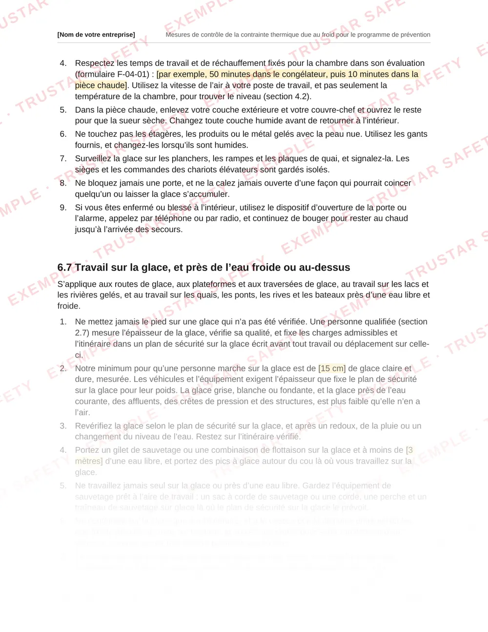 French safe work procedure for work on ice and near or over cold water, from the cold stress plan template