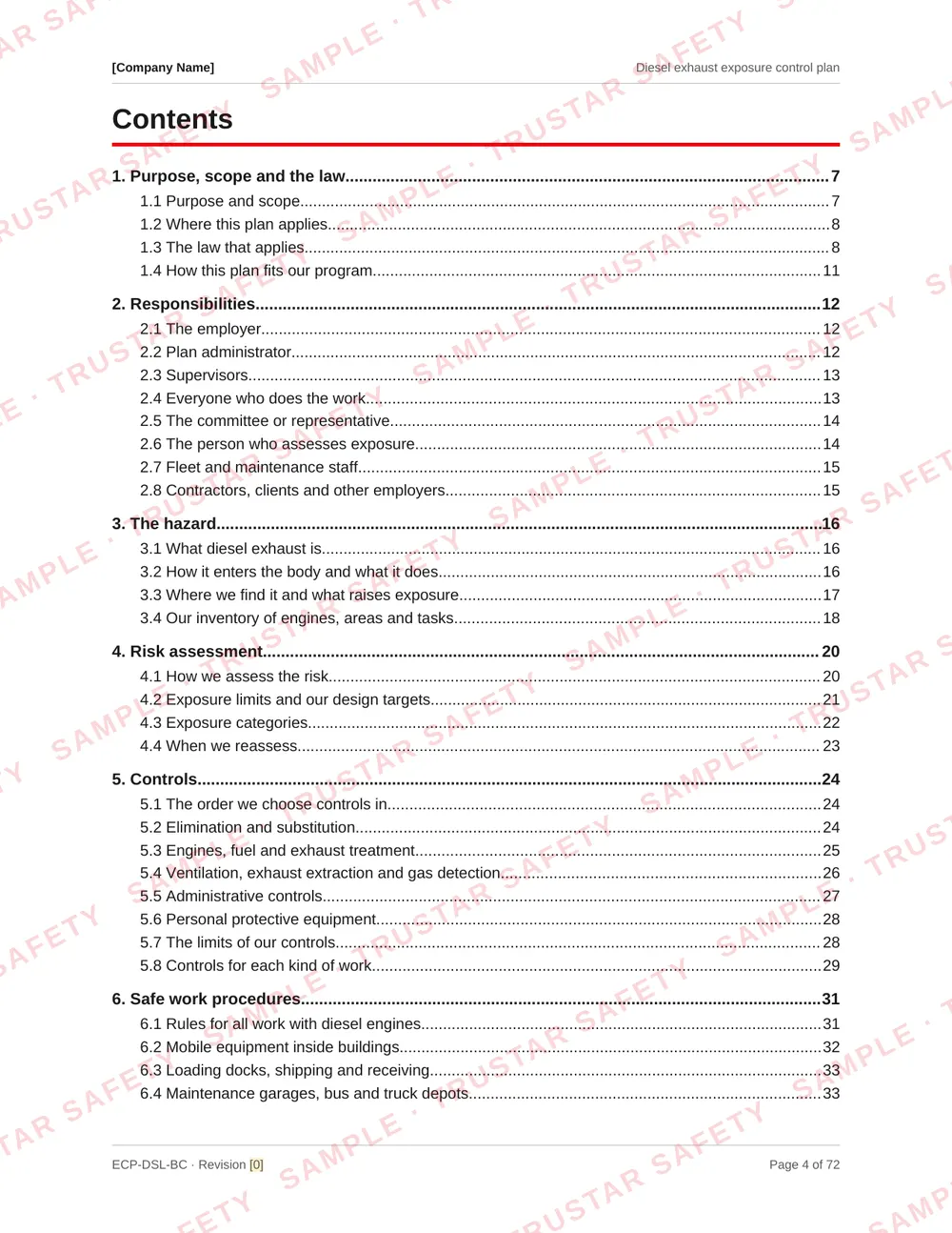 Table of contents of the Diesel exhaust exposure control plan template, from purpose and the law through engine maintenance, ventilation, gas detection and safe work procedures