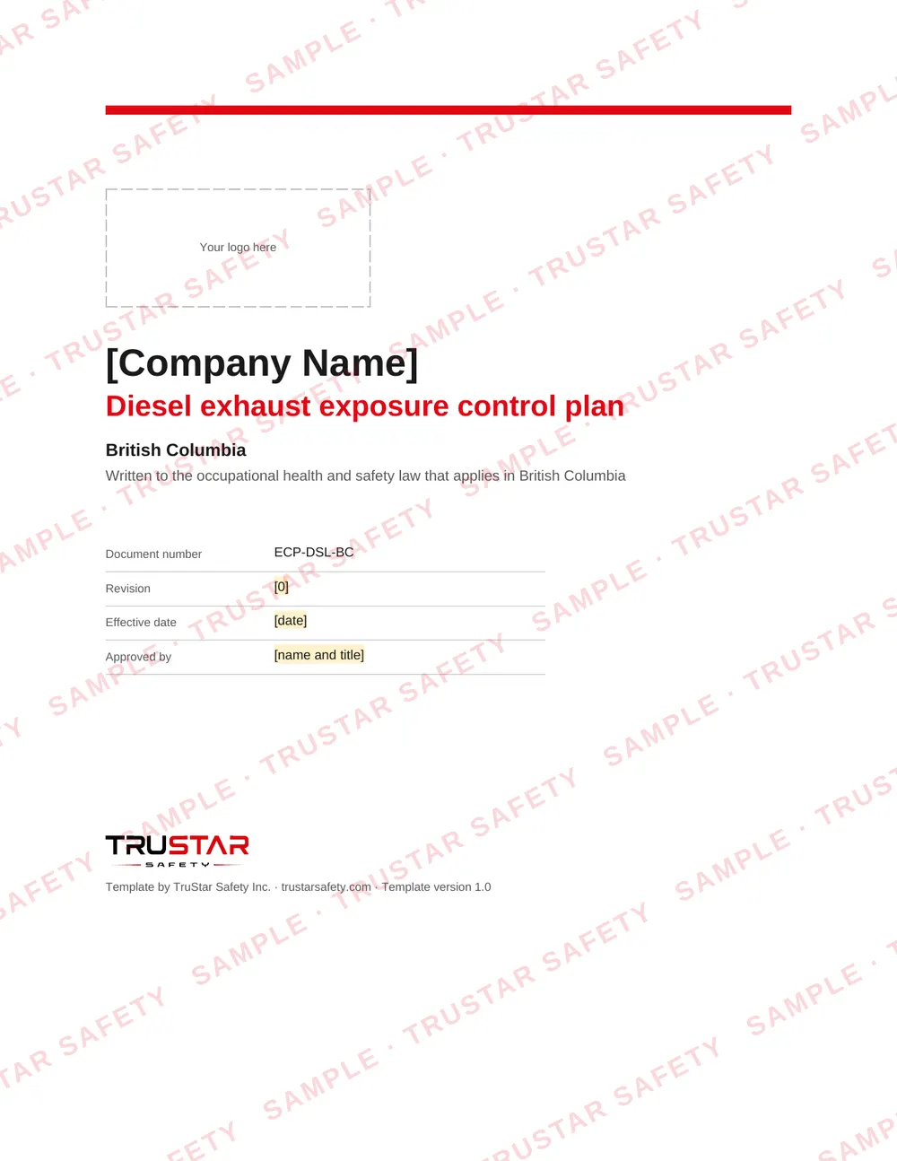 Cover of the Diesel exhaust exposure control plan template for use in British Columbia, with a logo box and the company name field