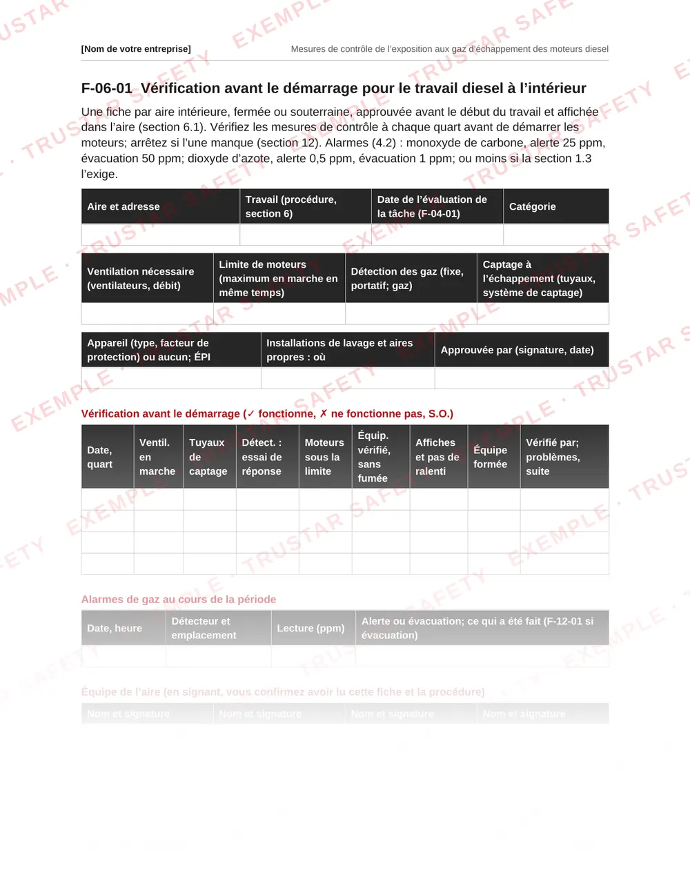 French indoor diesel work pre-start check form from the diesel exhaust plan template
