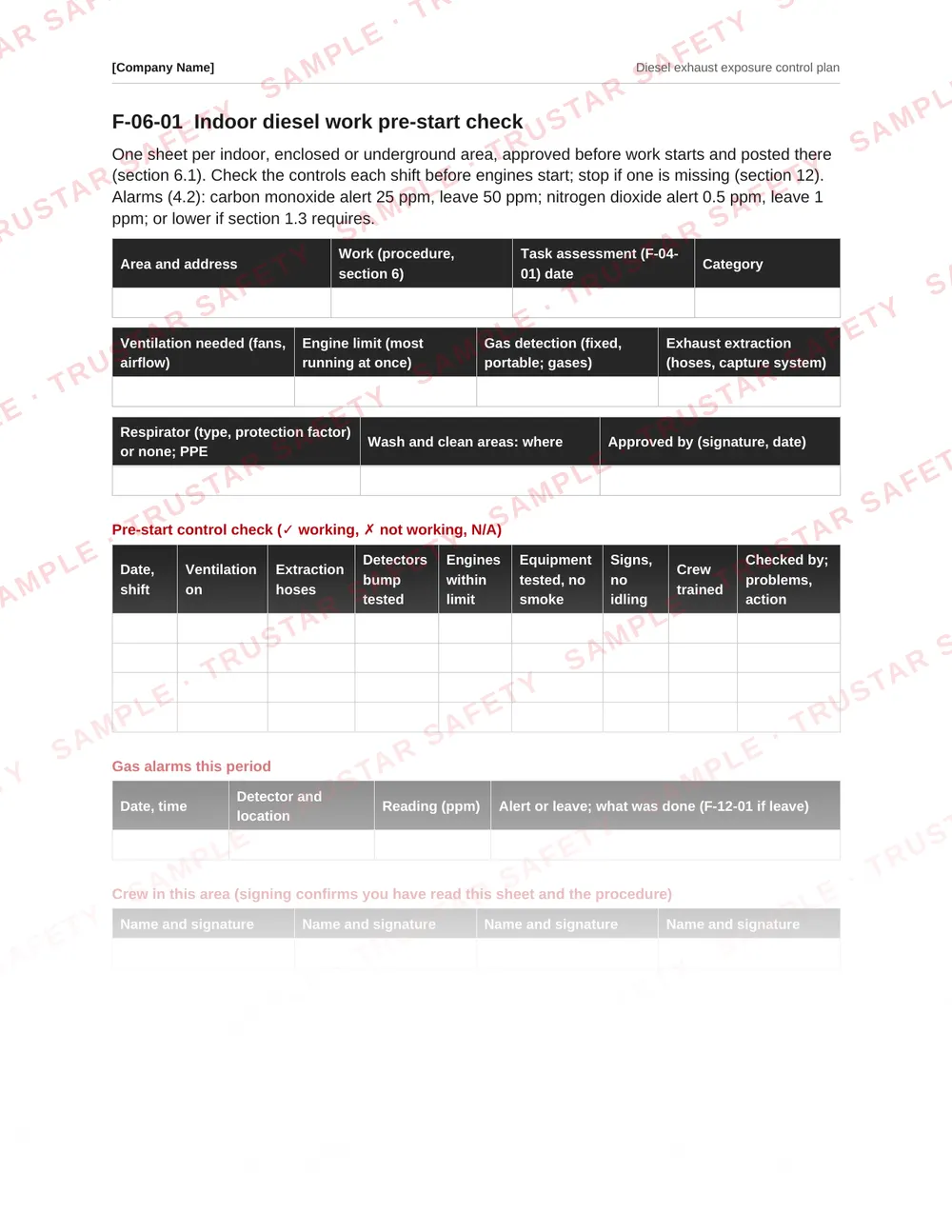 Indoor diesel work pre-start check form with ventilation, extraction, gas detector and engine limit checks, from the Diesel exhaust exposure control plan template