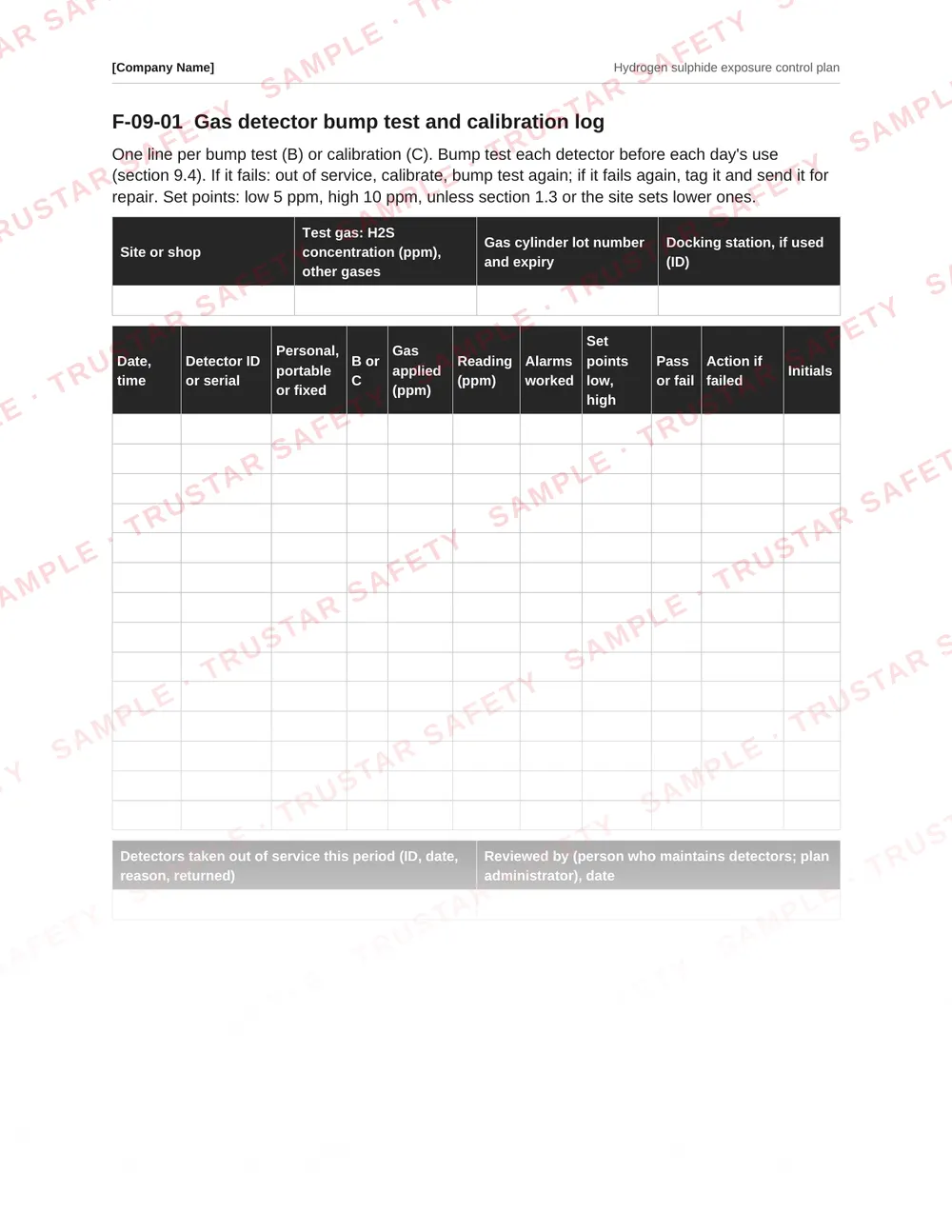 Gas detector bump test and calibration log with columns for each detector, result and action, from the Hydrogen sulphide exposure control plan template