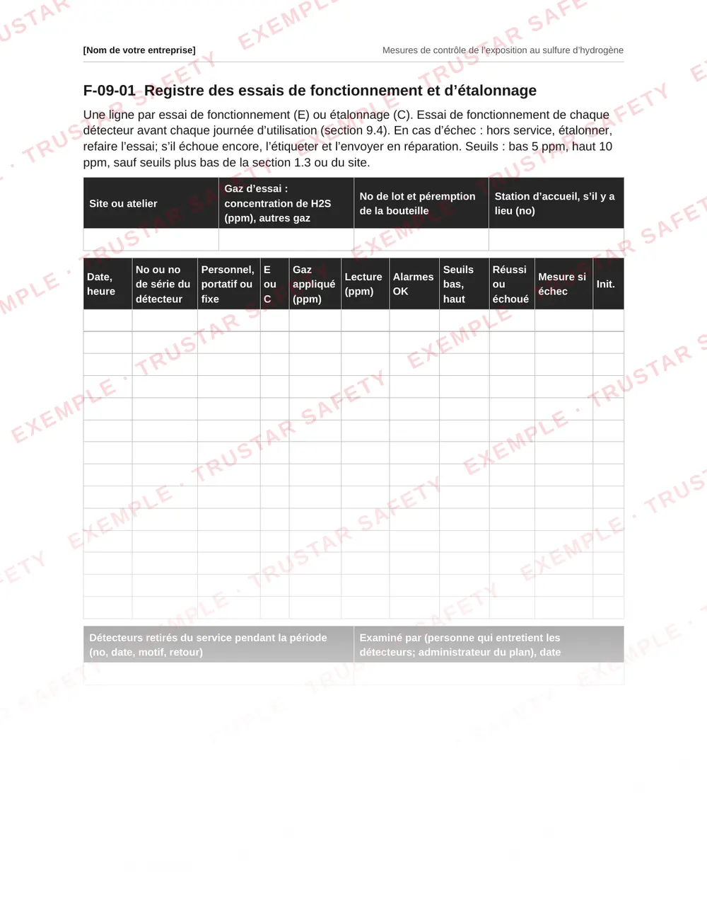 French gas detector bump test and calibration log with columns for each detector, result and action, from the hydrogen sulphide plan template