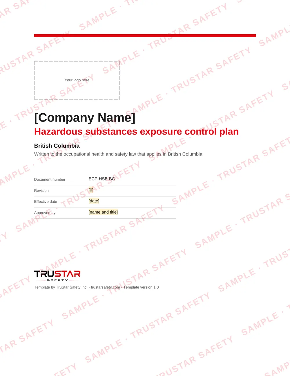 Cover of the Hazardous substances exposure control plan template for use in British Columbia, with a logo box and the company name field