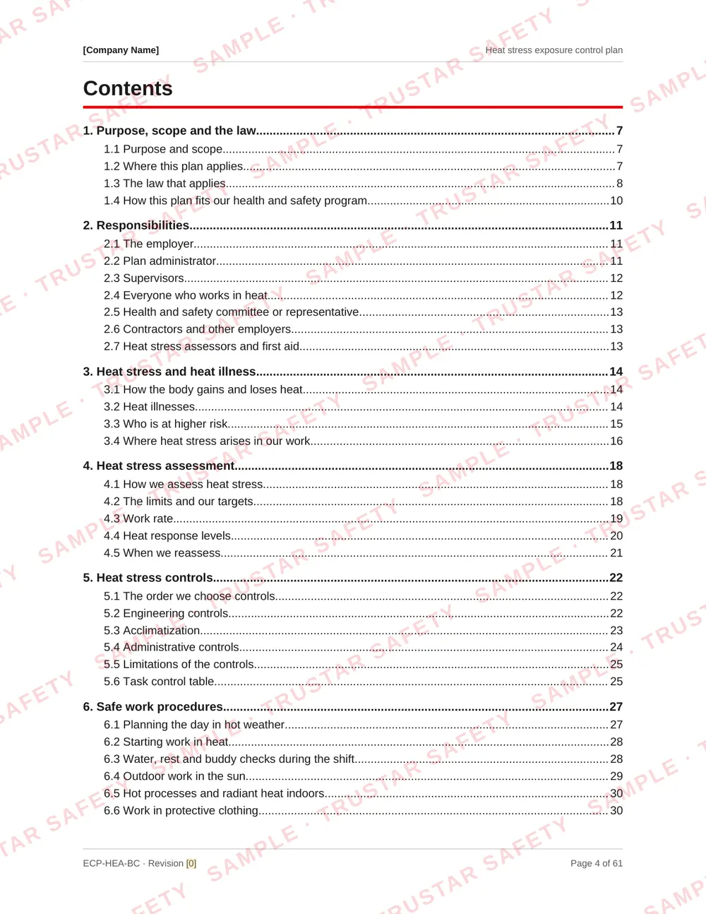Table of contents of the Heat stress exposure control plan template, from purpose and the law through heat stress assessment, acclimatization, water and rest, and heat illness emergencies