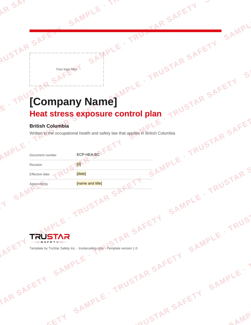 Cover of the Heat stress exposure control plan template, with a logo box and the company name field