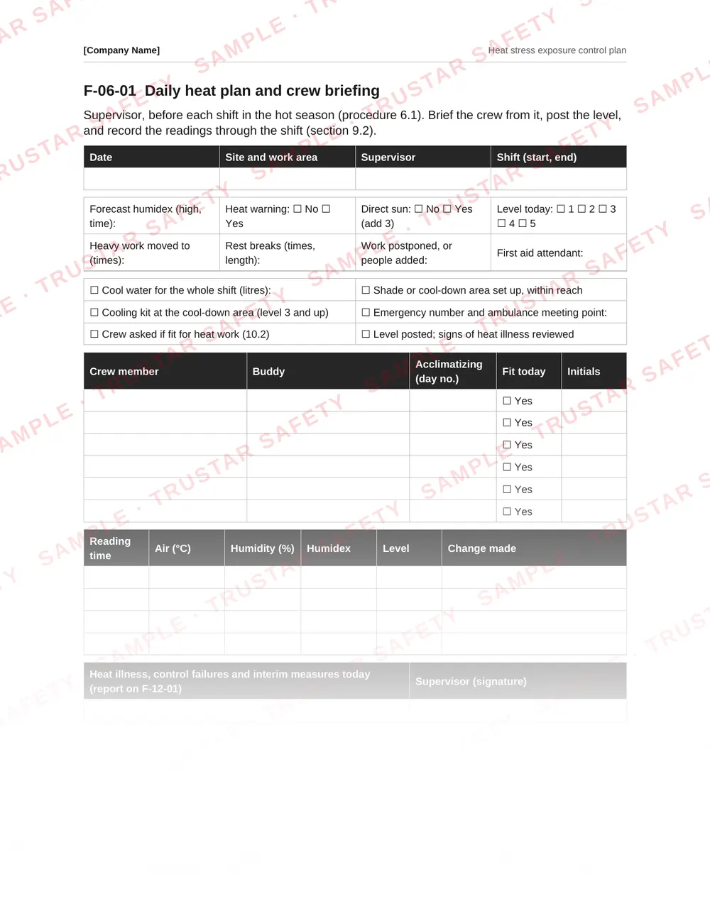 Daily heat plan and crew briefing form with the heat response level, water, shade, work-rest schedule and buddy pairs, from the Heat stress exposure control plan template