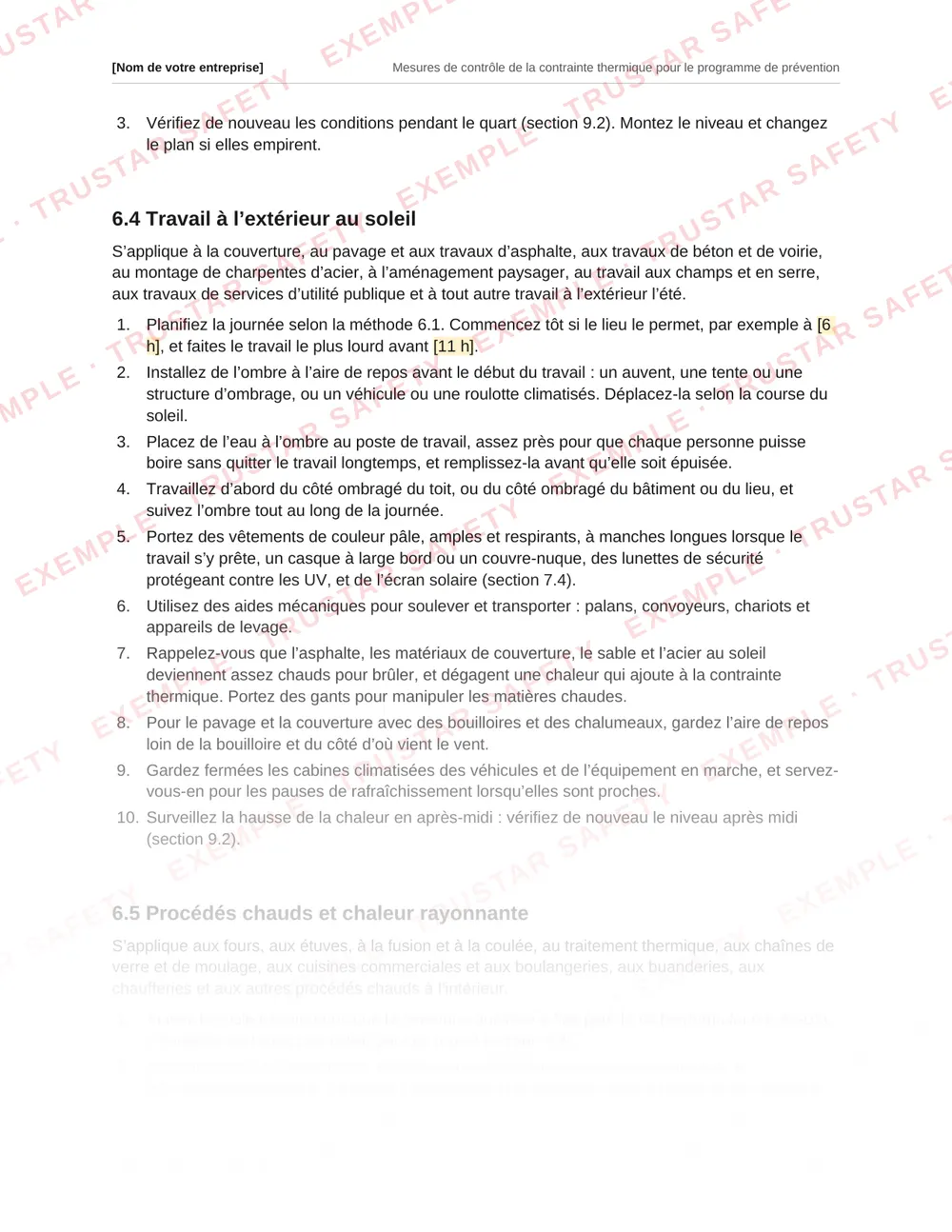 French safe work procedure for outdoor work in the sun on roofing, paving and road crews, from the heat stress plan template