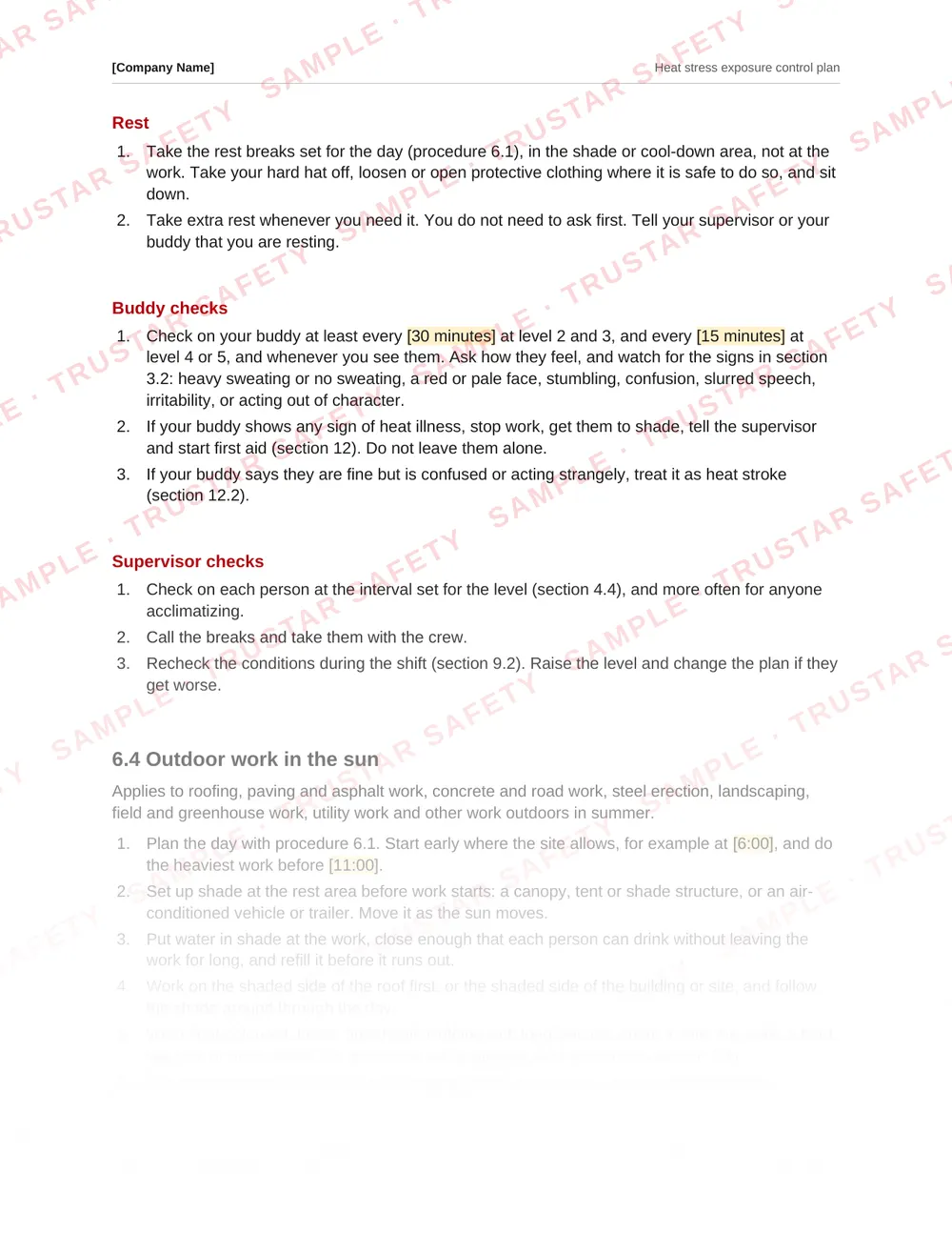 Safe work procedure for outdoor work in the sun on roofing, paving and road crews, from the Heat stress exposure control plan template
