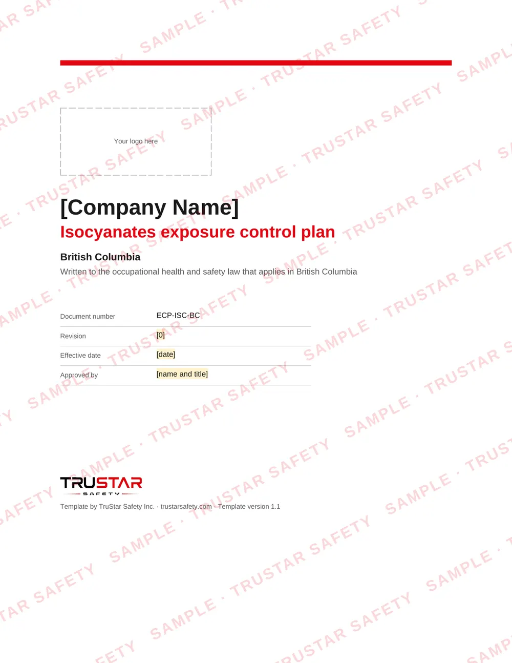 Cover of the Isocyanates exposure control plan template for use in British Columbia, with a logo box and the company name field