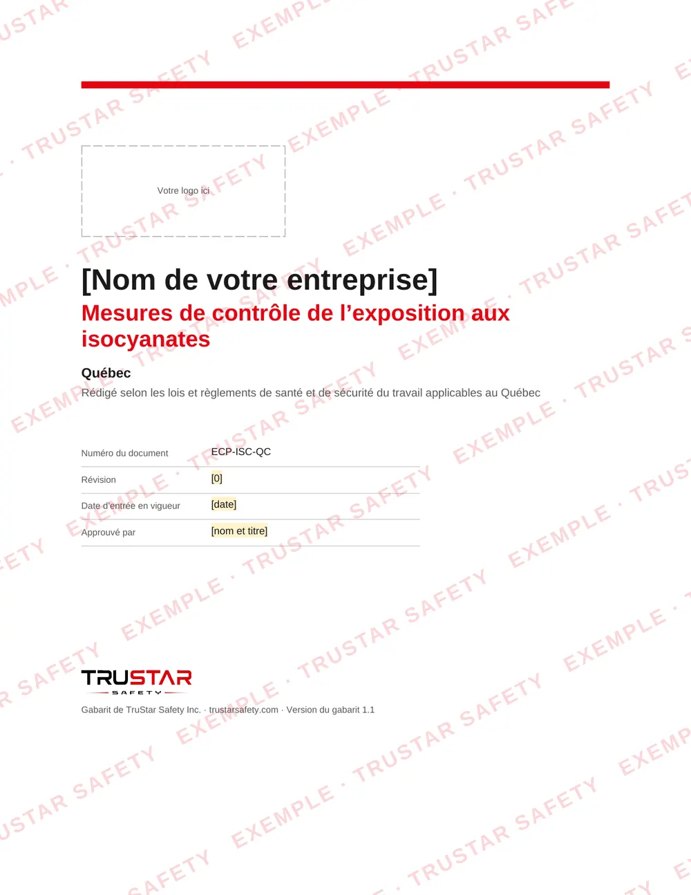 Cover of the French edition of the isocyanates exposure control plan template (Mesures de contrôle de l’exposition aux isocyanates), with a logo box and the company name field