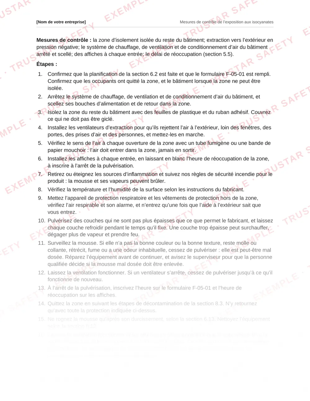 French procedure for spray polyurethane foam inside buildings from the isocyanates plan template