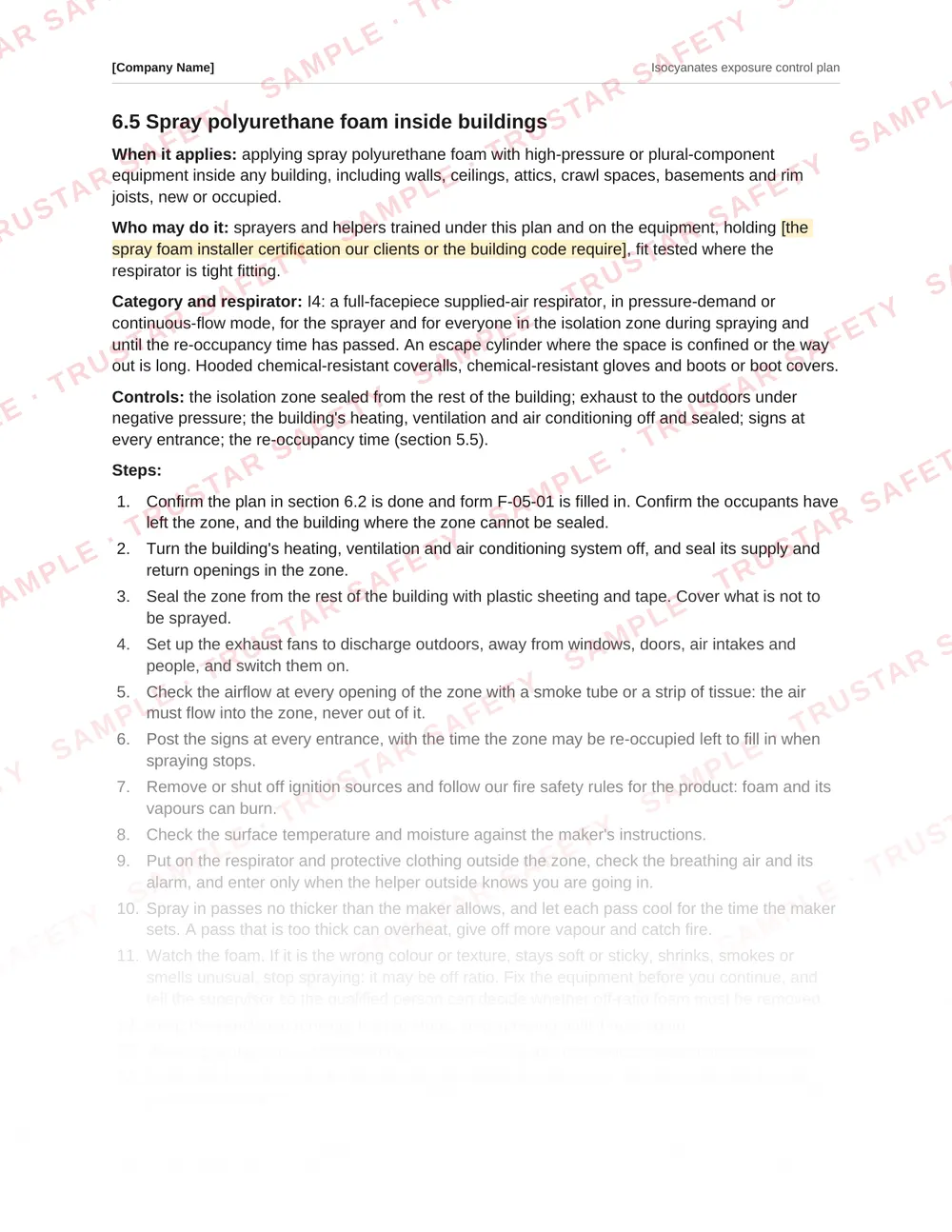 The procedure for spray polyurethane foam inside buildings from the Isocyanates exposure control plan template