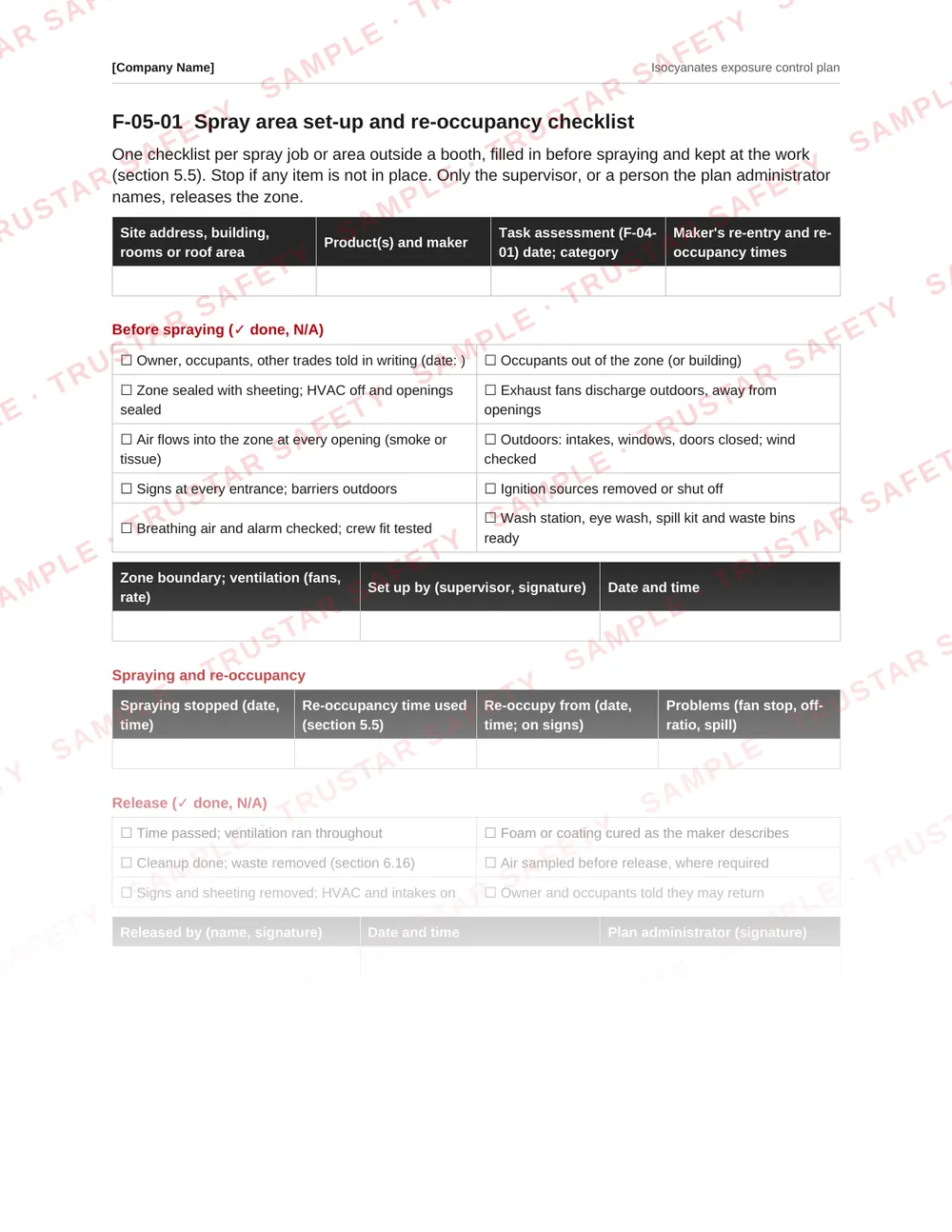 Spray area set-up and re-occupancy checklist form from the Isocyanates exposure control plan template