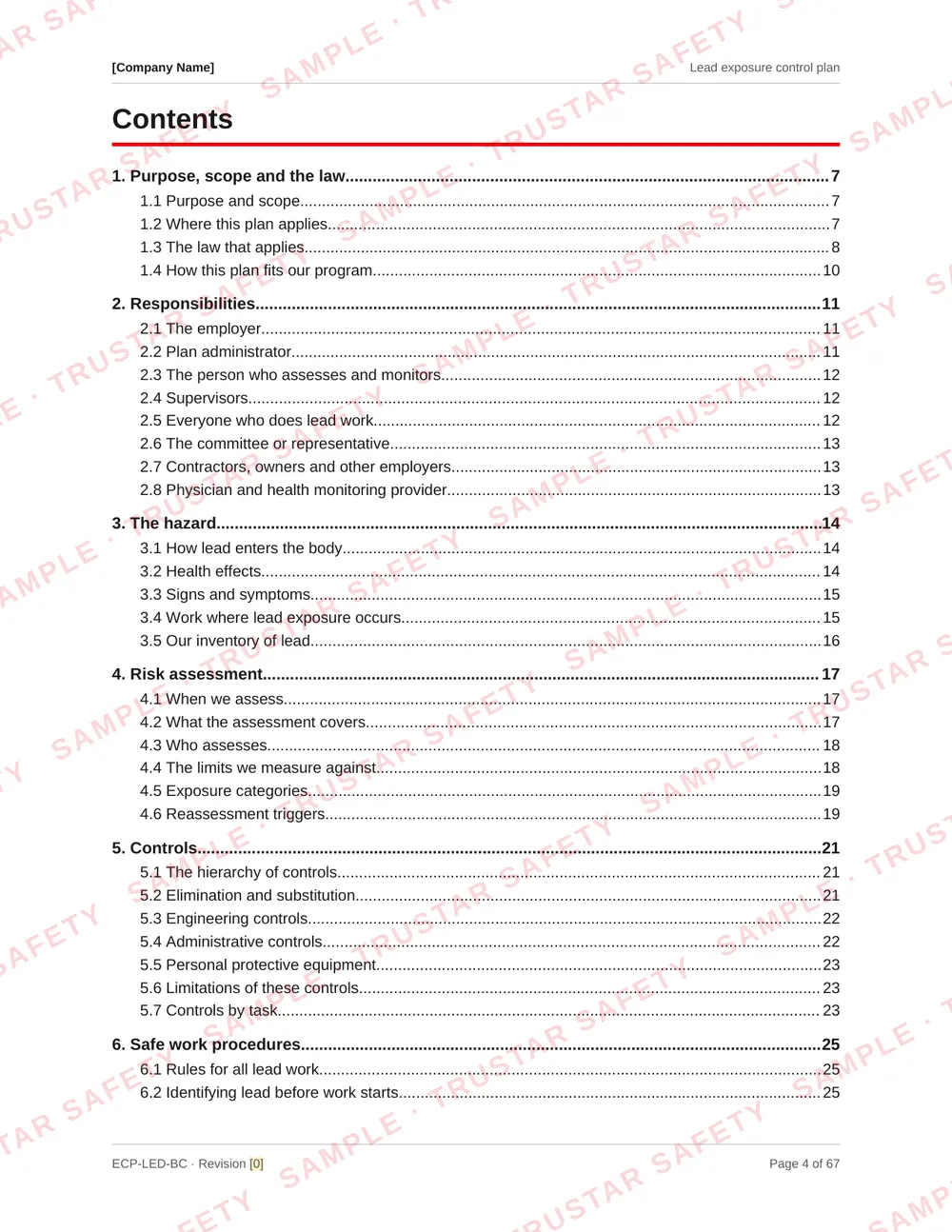 Table of contents of the Lead exposure control plan template, from purpose and the law through safe work procedures, hygiene and blood lead testing