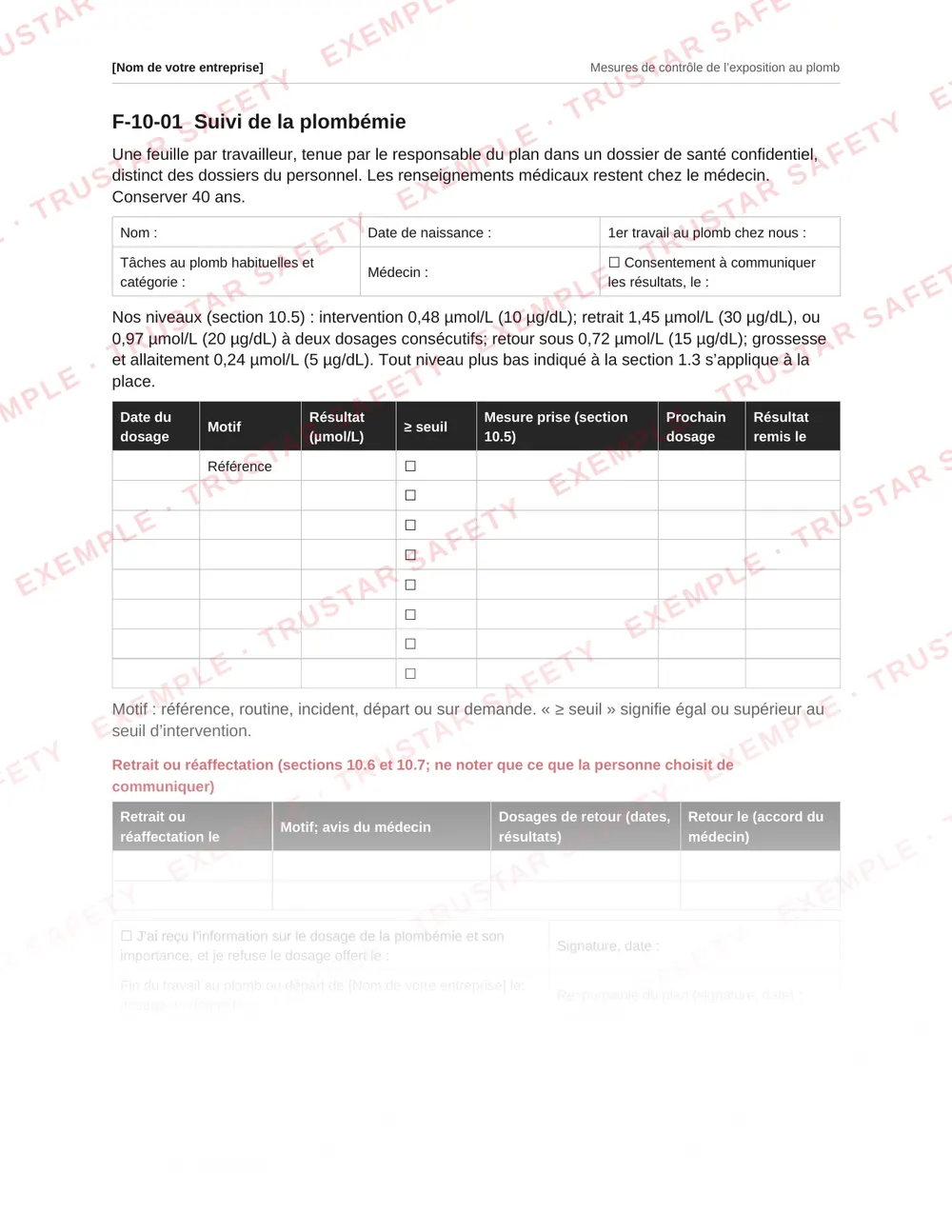 French blood lead monitoring tracker form with test dates, results, actions and medical removal, from the lead plan template