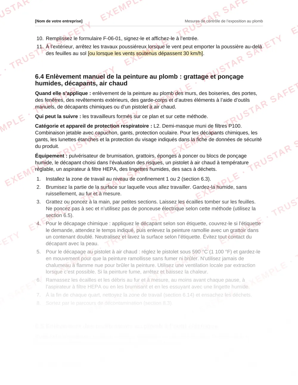 French safe work procedure for wet scraping, chemical stripping and heat gun removal of lead paint, from the lead plan template