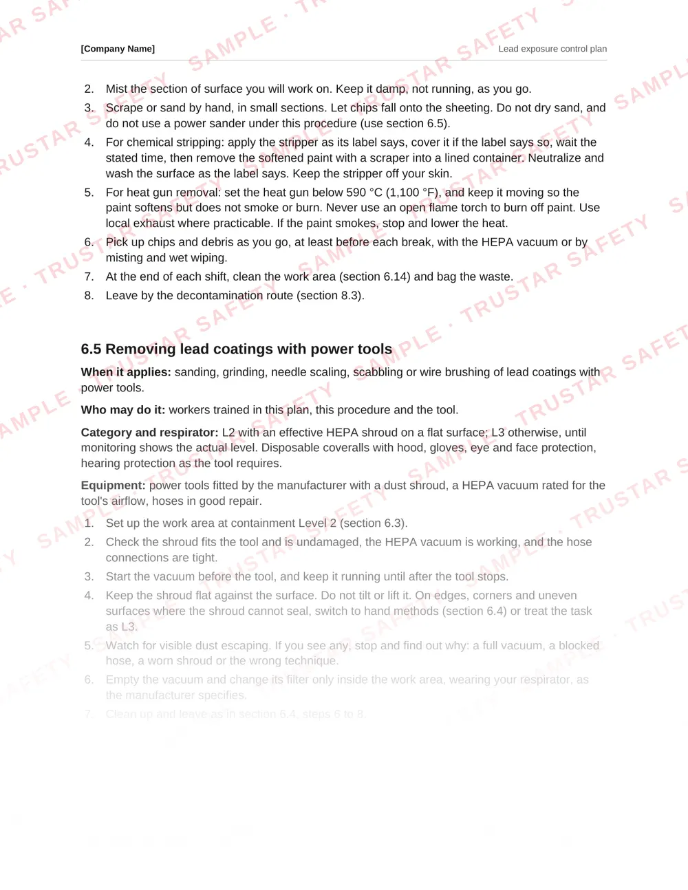 Safe work procedure for wet scraping, chemical stripping and heat gun removal of lead paint, from the Lead exposure control plan template