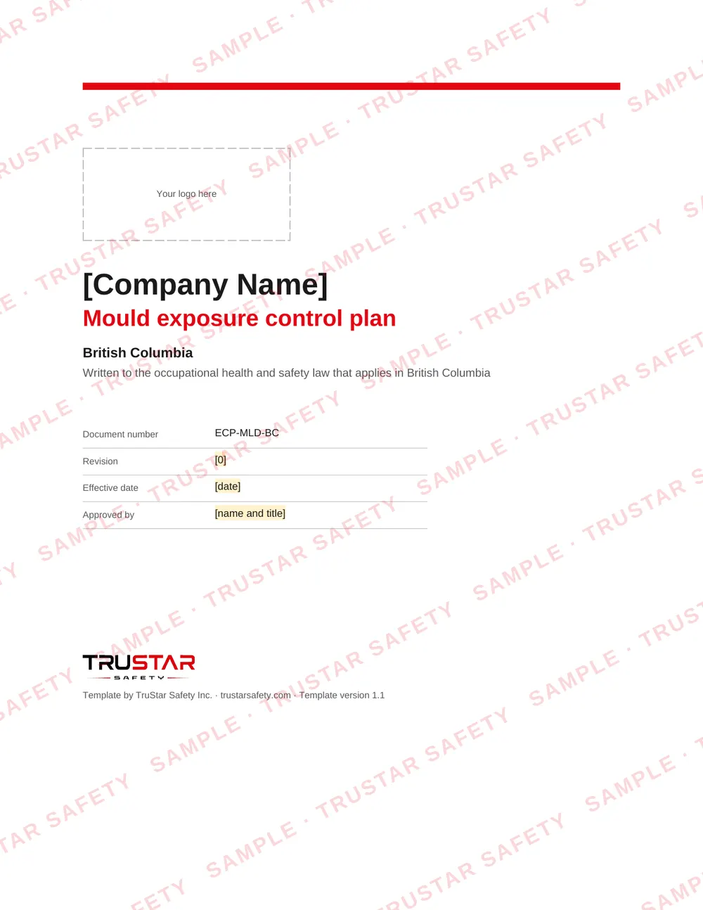 Cover of the Mould exposure control plan template for use in British Columbia, with a logo box and the company name field