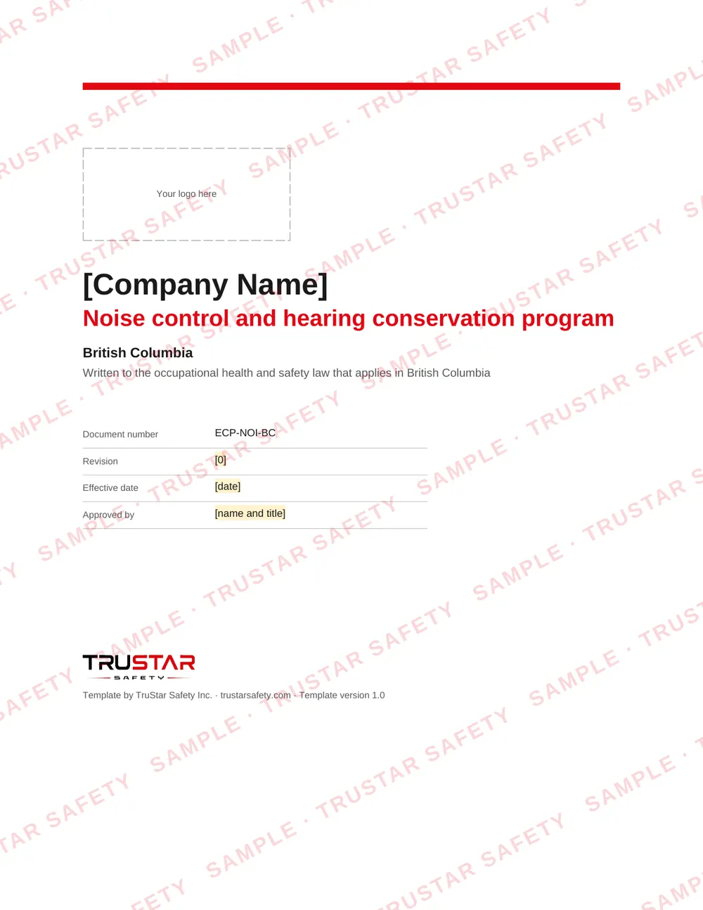 Cover of the Noise control and hearing conservation program template, with a logo box and the company name field