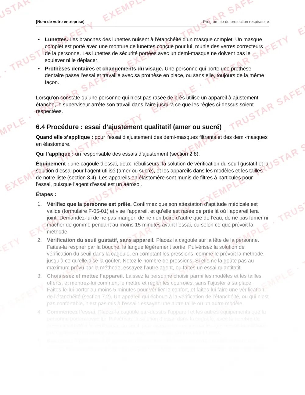 French qualitative fit test procedure from the respiratory protection program template