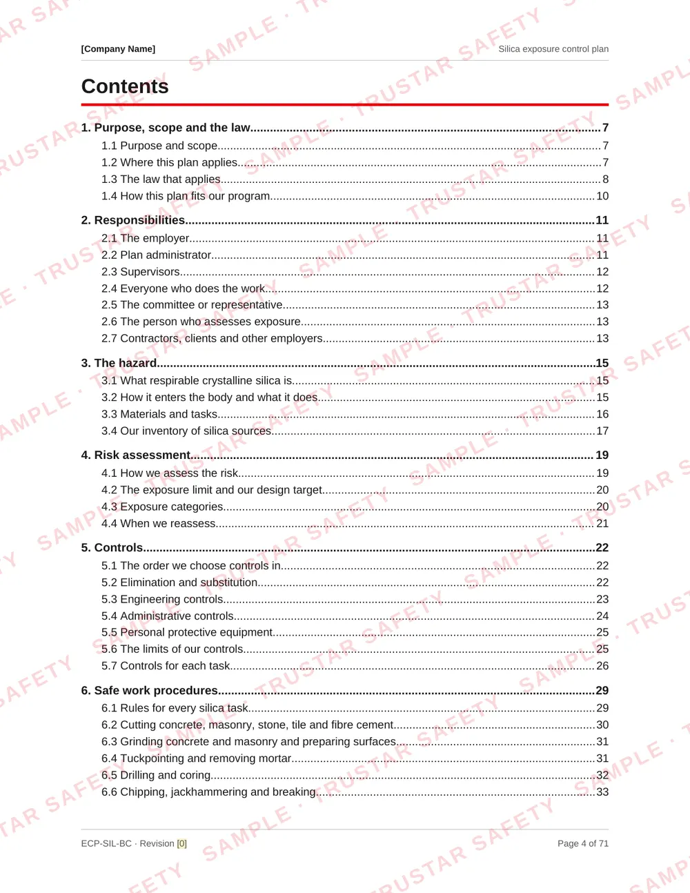 Table of contents of the Silica exposure control plan template