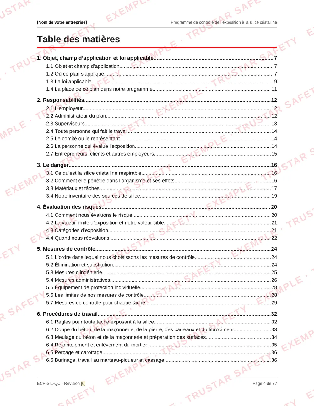 Table of contents of the French edition of the silica exposure control plan template, from the hazard and risk assessment through controls and fifteen task procedures