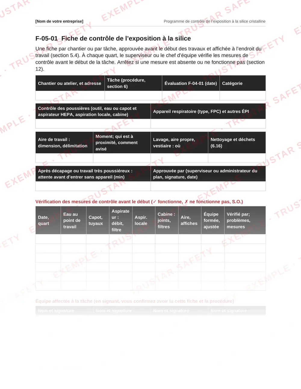 French silica exposure control sheet form from the silica plan template