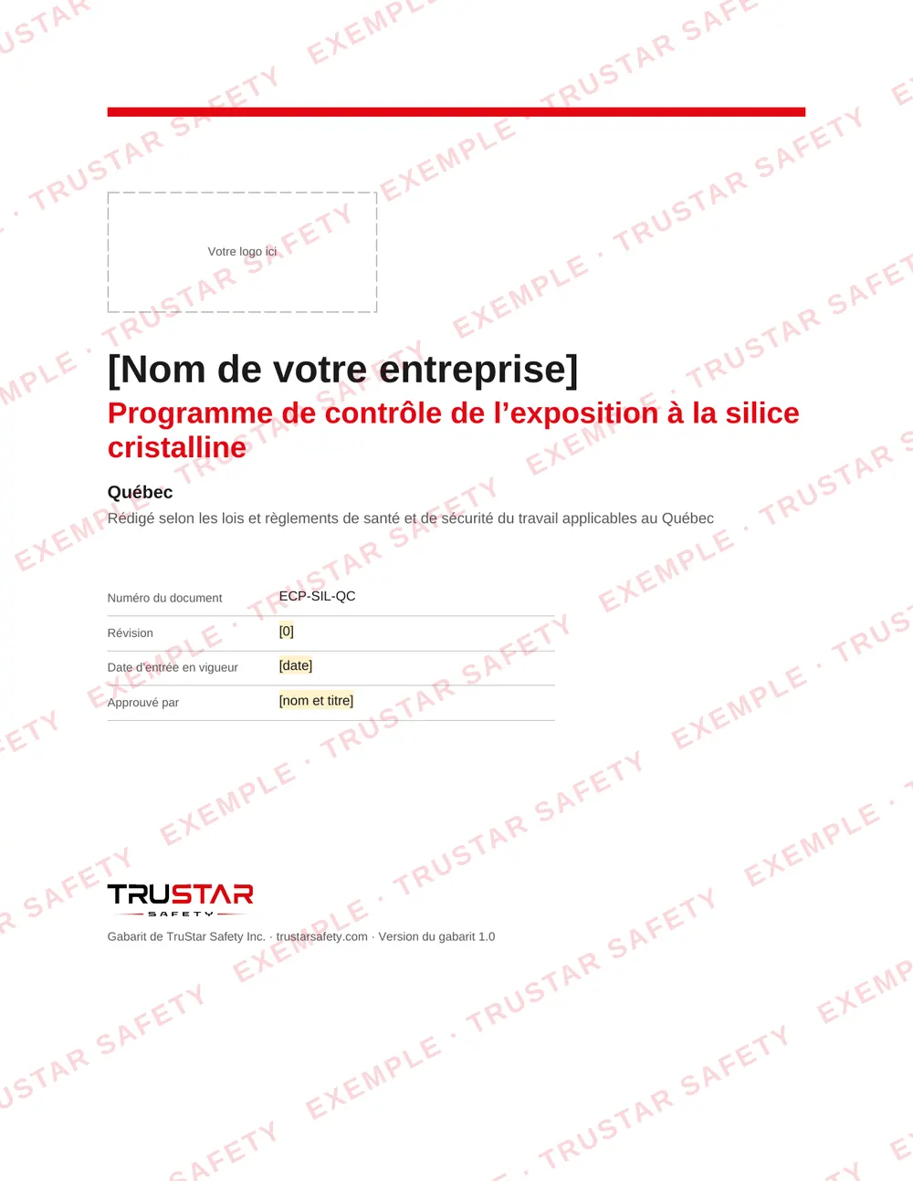 Cover of the French edition of the silica exposure control plan template (Programme de contrôle de l’exposition à la silice cristalline) for Québec, with a logo box and the company name field