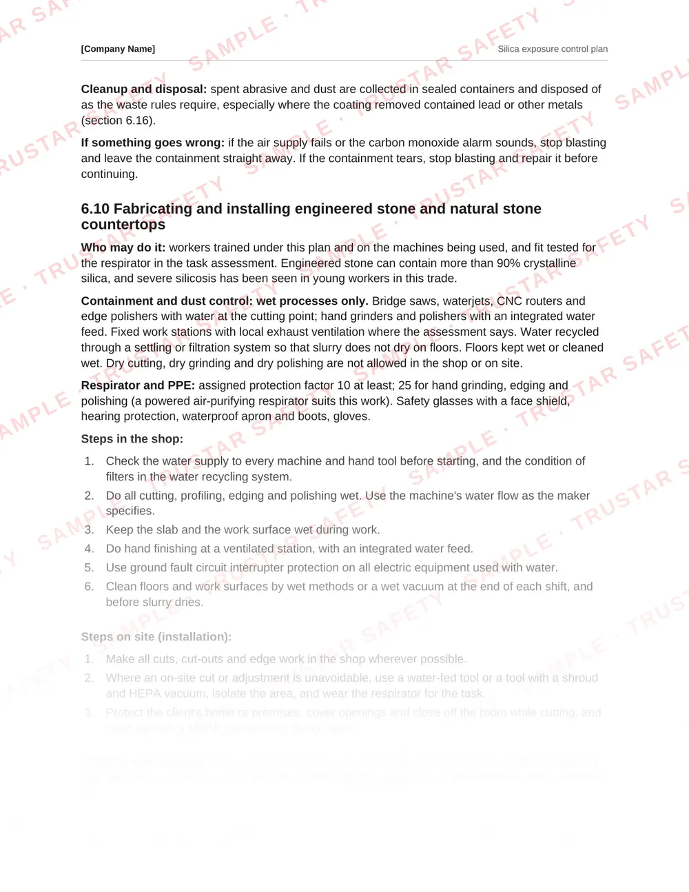The engineered stone countertop fabrication procedure from the Silica exposure control plan template
