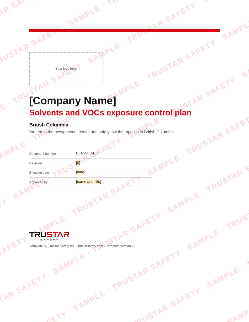 Cover of the Solvents and VOCs exposure control plan template for use in British Columbia, with a logo box and the company name field