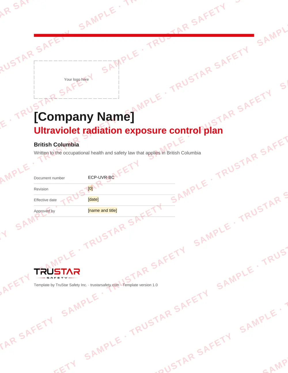 Cover of the Ultraviolet radiation exposure control plan template for use in British Columbia, with a logo box and the company name field