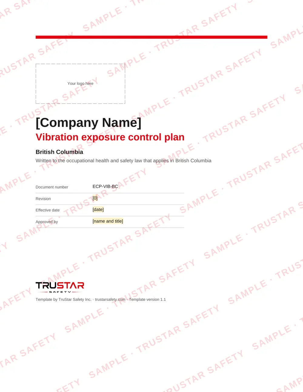 Cover of the Vibration exposure control plan template for use in British Columbia, with a logo box and the company name field