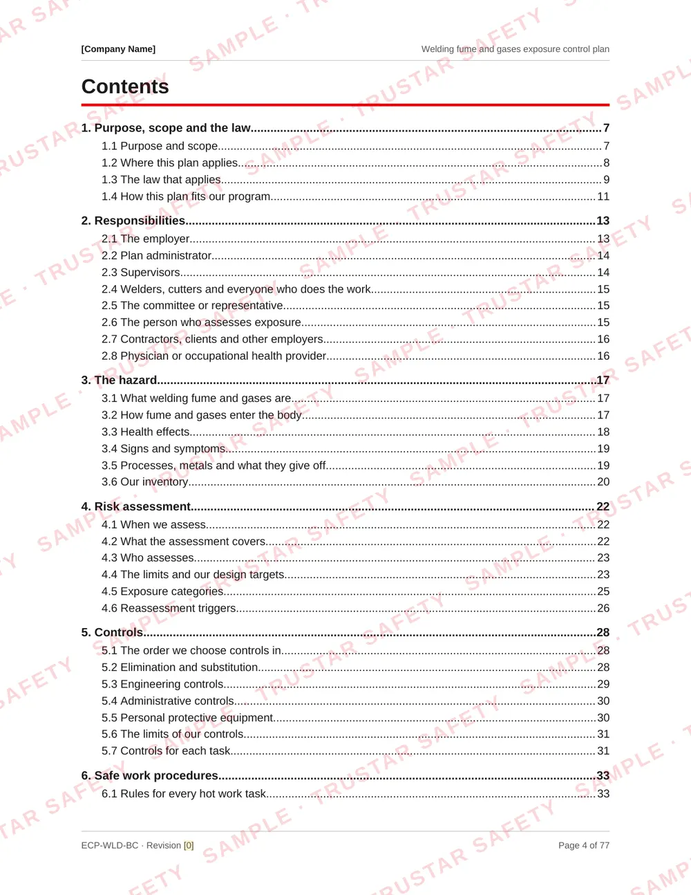 Table of contents of the Welding fume and gases exposure control plan template