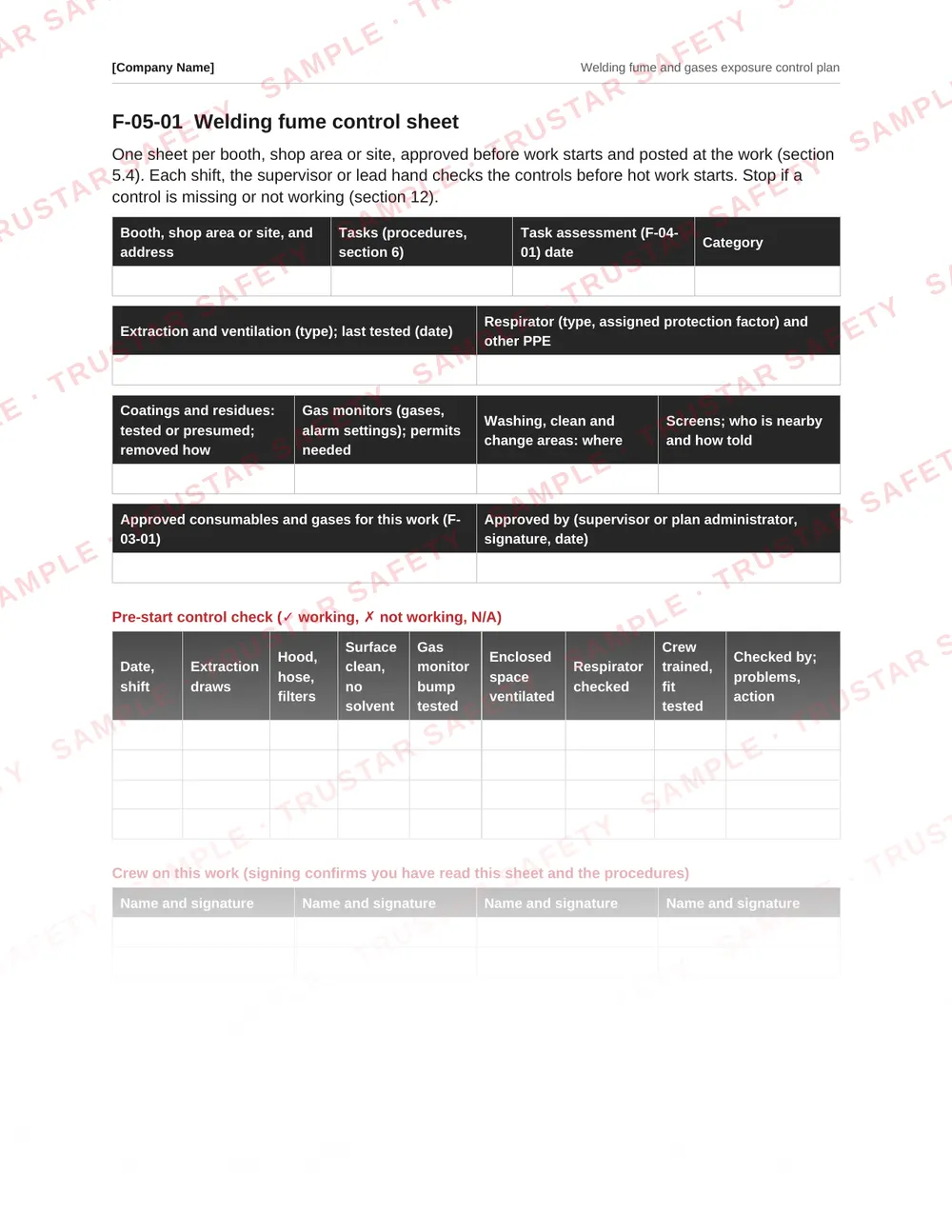 Welding fume control sheet form from the Welding fume and gases exposure control plan template