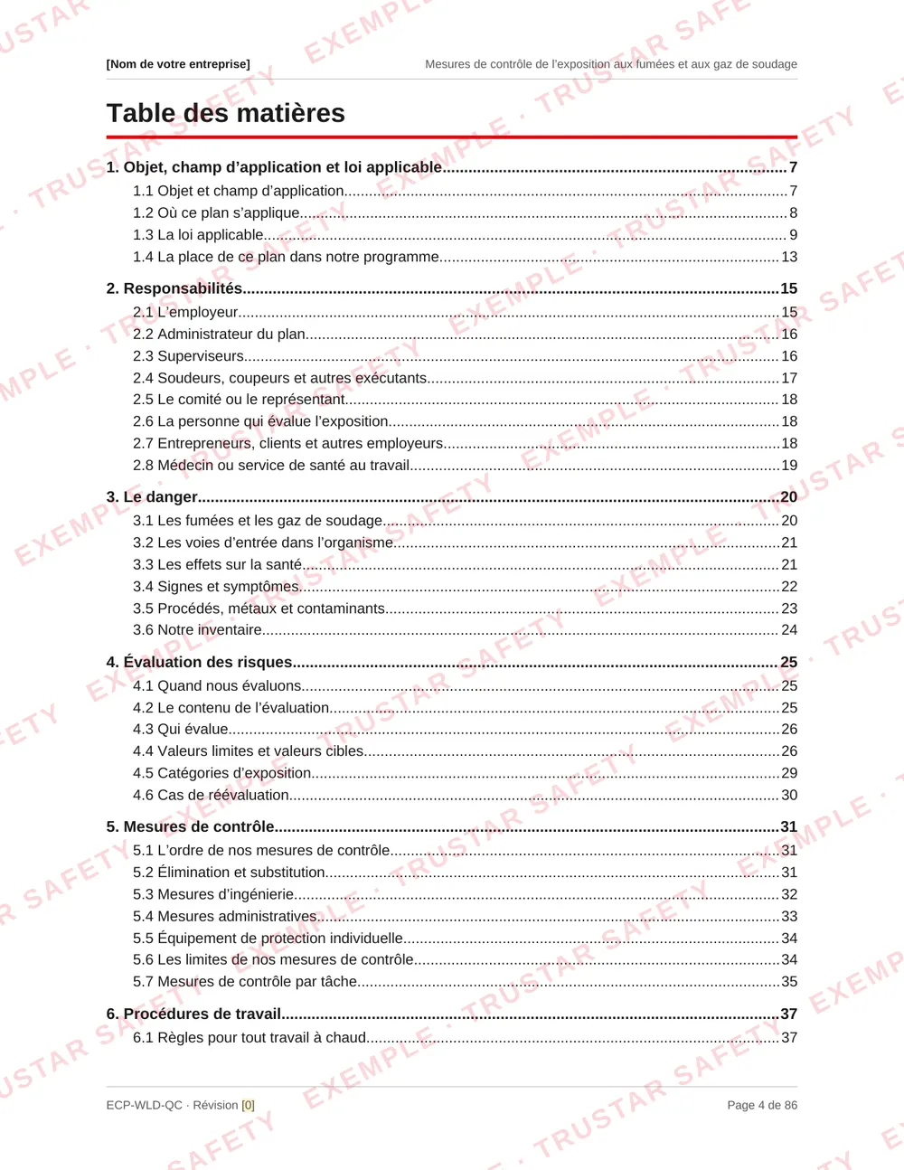 Table of contents of the French edition of the welding fume and gases exposure control plan template, from the hazard and risk assessment through controls and thirteen task procedures