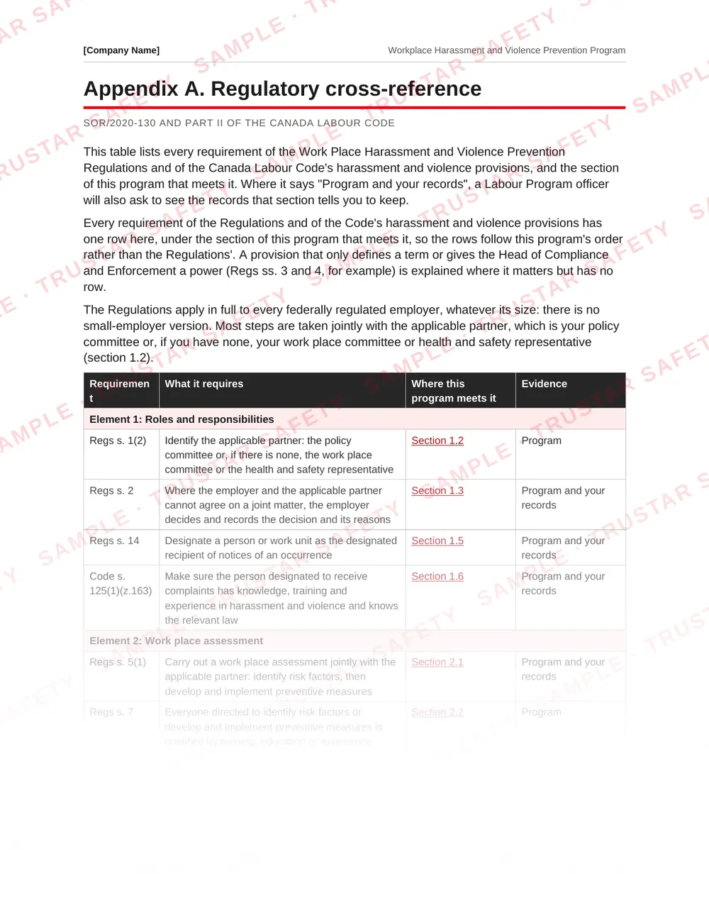Regulatory cross-reference table of the federal harassment and violence prevention program template