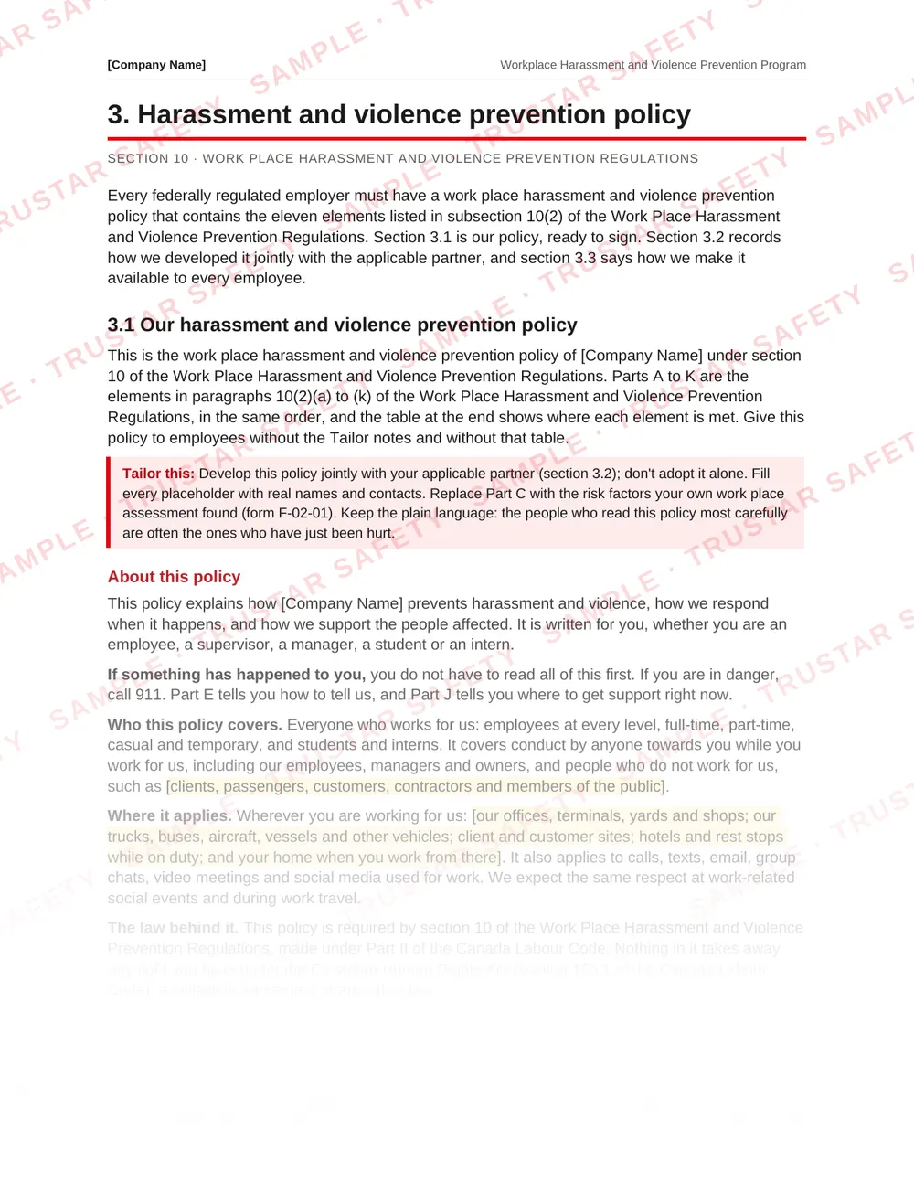 The harassment and violence prevention policy page of the federal program template
