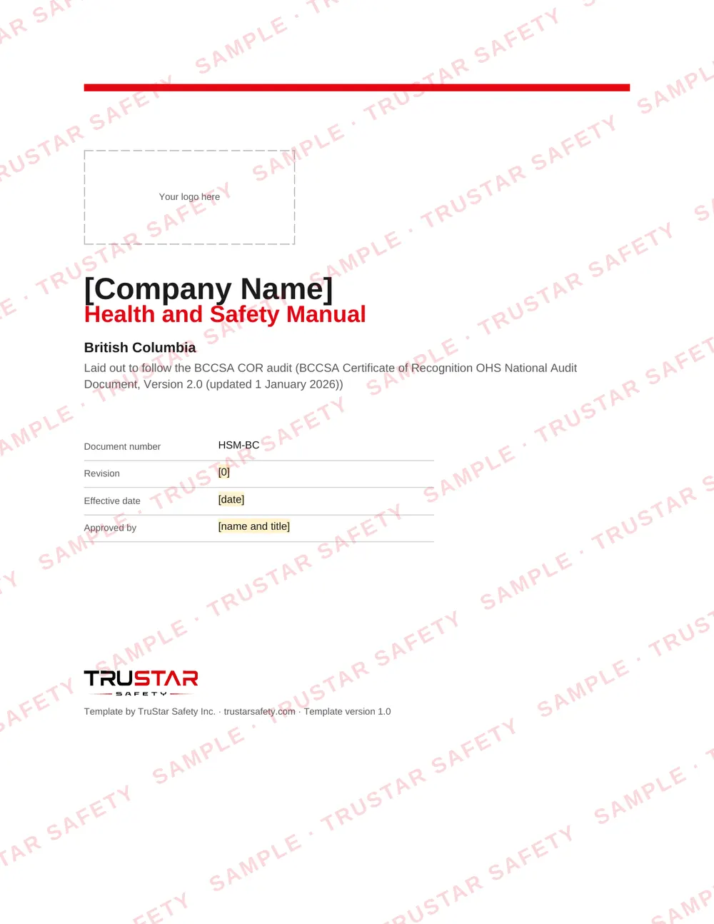 Cover of the British Columbia COR safety manual template, with a logo box and the company name field