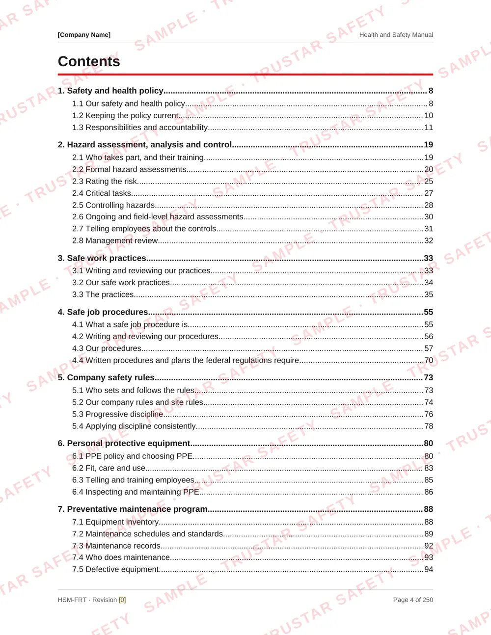 Table of contents of the federal road transport health and safety manual template