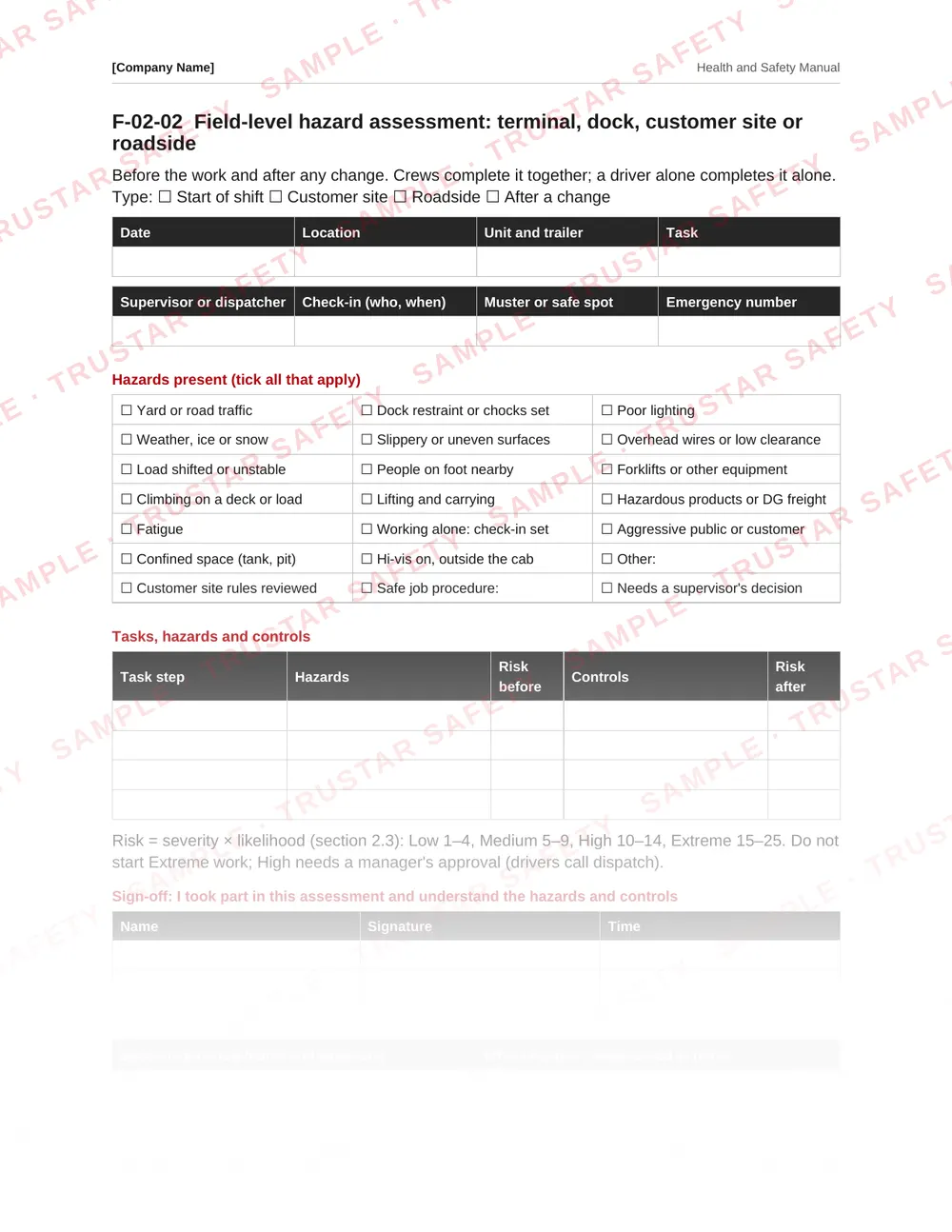 Field-level hazard assessment form from the federal road transport health and safety manual template