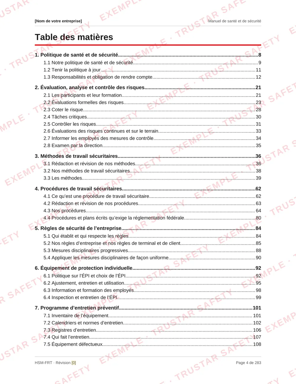 Table of contents of the French edition of the federal road transport health and safety manual template