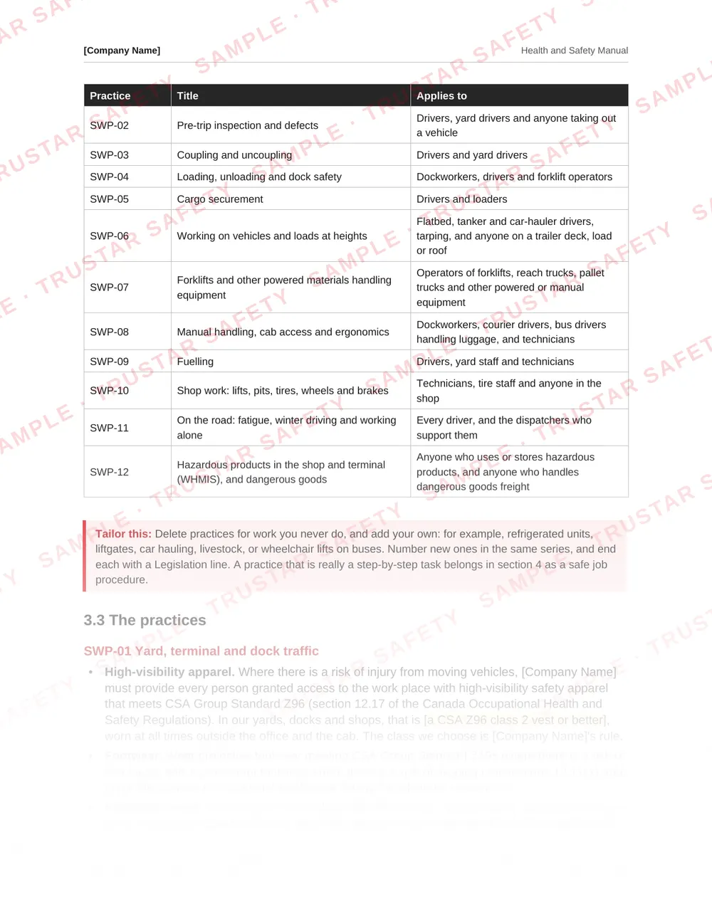 A safe work practice from the federal road transport health and safety manual template