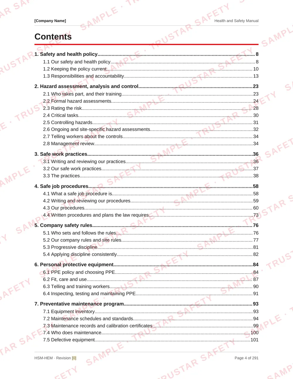 Table of contents of the heavy equipment field mechanics safety manual template